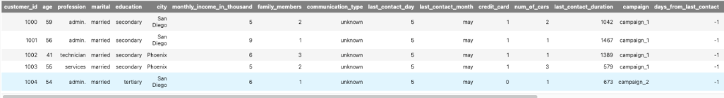 A preview of the dataset which has 11,162 records and 23 variables, including customer_id, age, profession, marital status, education, city, monthly income, family members, communication type, last contact day and month, credit card ownership, number of cars, last contact duration, campaign, days from last contact, and a column for previous campaign outcome.