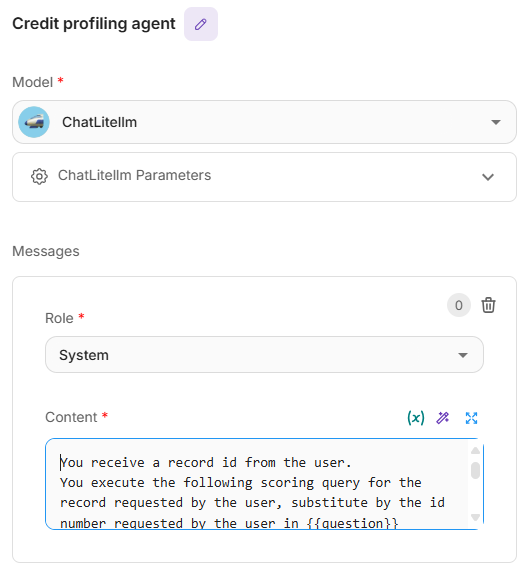 Credit profiling agent configuration